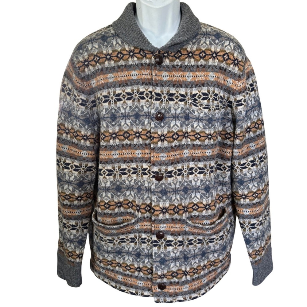J. Crew 100% Lambswool Fair Isle Knit Sweater Size L Shawl Collar Preppy Cozy